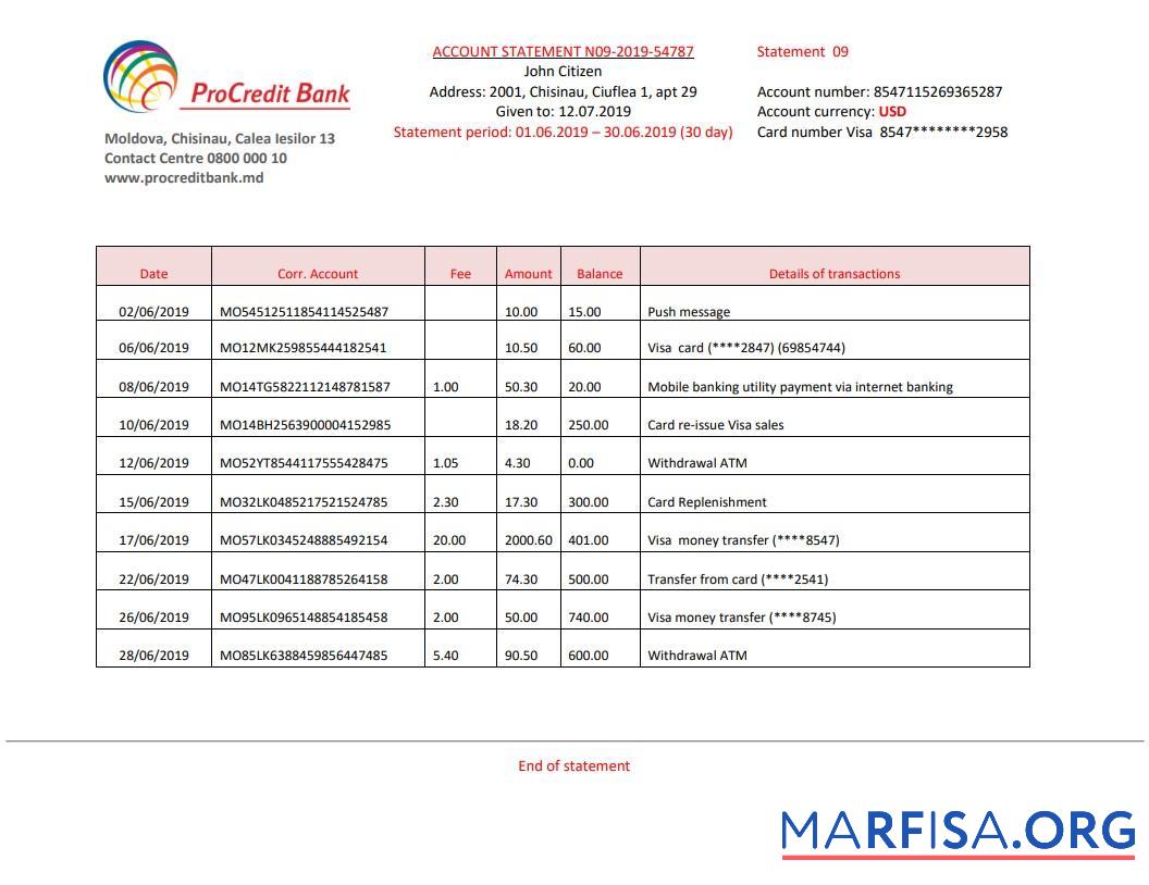 Blank Moldova Pro credit bank statement word real example